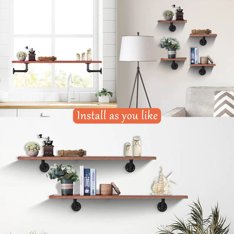 Vintage Black Iron Pipe Shelf Brackets 12 Pack Wall Mount Shelving for Rustic Home Decor displayed in a kitchen and living room.