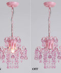 Modern Pink Mini Crystal Chandelier For Princess Rooms And Small Spaces, Chic Hanging Light Fixture on and off view