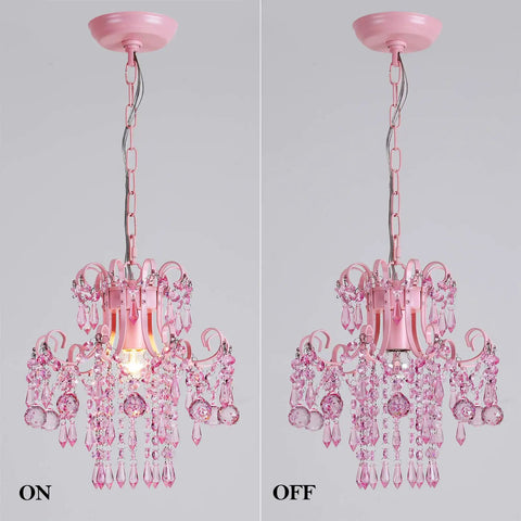 Modern Pink Mini Crystal Chandelier For Princess Rooms And Small Spaces, Chic Hanging Light Fixture on and off view