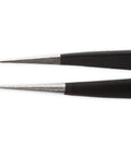 Close-up of Pro Grade Precision Tweezers Set with extra fine angled tips for electronics repair hobby industrial crafting professional work.