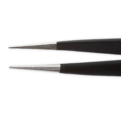 Close-up of Pro Grade Precision Tweezers Set with extra fine angled tips for electronics repair hobby industrial crafting professional work.