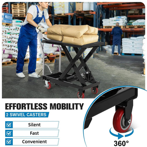 Black hydraulic lift table cart with scissor lift and non-slip top, bags loaded, red caster wheels in a warehouse.