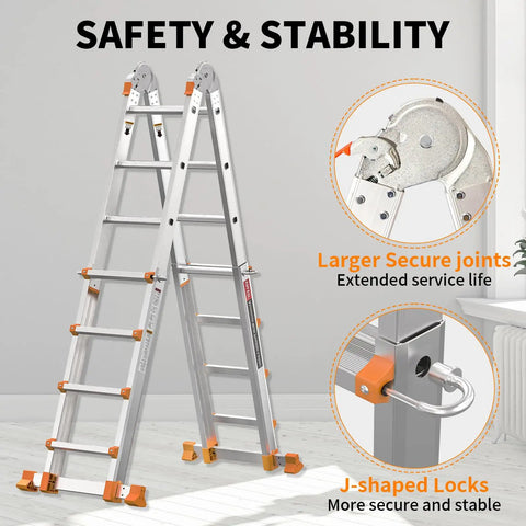 14Ft Multi Position Ladder With 4 Steps A Frame Folding Design Anti Slip Workhorse Aluminum Telescopic Ladder With Removable Tool Tray 330 Lb Load Capacity Ideal For Indoor Outdoor Stairs Roof Garage, aluminum frame, safety joints