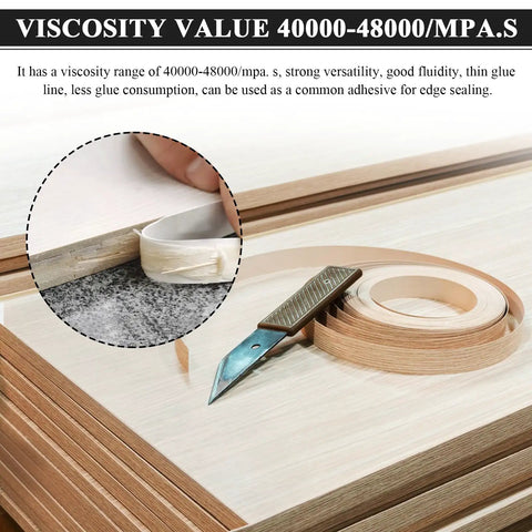 Close-up of Heavy Duty Hot Melt Edge Banding Adhesive 11 Lb Pellets for furniture cabinet sealing with knife and edge tape.