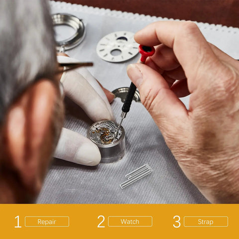Watch Band Pins Replacement Kit With Metal Spring Bars And Screws For Easy Watch Repair All In One Box being used in repair