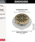Dimensions of Smooth Draining Four Inch Round Shower Floor Drain With Removable Grate and Solid Gasket, featuring brass strainer.