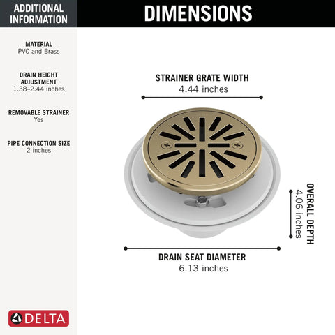 Dimensions of Smooth Draining Four Inch Round Shower Floor Drain With Removable Grate and Solid Gasket, featuring brass strainer.
