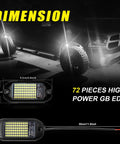 Four Pod Rock Lights With 72 LEDs 72W High Power Pure White Underglow for Trucks, SUVs, IP68 Waterproof, Off Road, Beam Dimensions