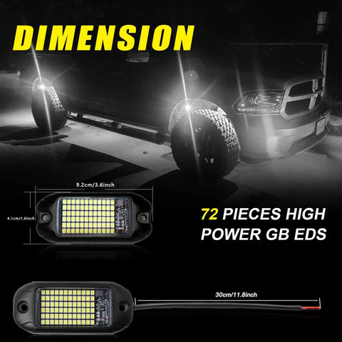 Four Pod Rock Lights With 72 LEDs 72W High Power Pure White Underglow for Trucks, SUVs, IP68 Waterproof, Off Road, Beam Dimensions