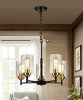 Modern Farmhouse 5 Light Chandelier For Dining Room And Kitchen Island Dope Industrial Black Pendant Lighting With Glass Shades