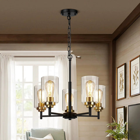 Modern Farmhouse 5 Light Chandelier For Dining Room And Kitchen Island Dope Industrial Black Pendant Lighting With Glass Shades