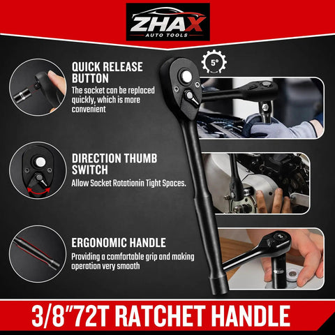 Super Heavy Duty 3/8 Inch Drive 6-Point Impact Socket Set Featuring A Sick Mix Of 44 Pieces Including Spark Plugs And Shallow Deep Cr-V Sockets For Metric Sae Bolts With Wrench Ratchet Kit Perfect For Your Garage Rig Work. 3/8in 72T ratchet handle with quick release and thumb switch