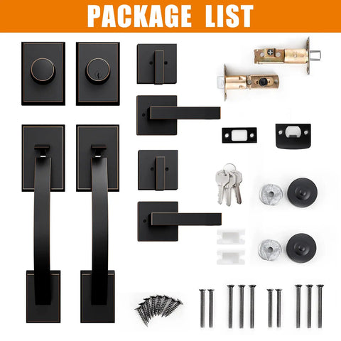 Oil Rubbed Bronze Double Door Handle Set With Dummy And Single Cylinder Deadbolt Fits Right Or Left Handed Doors Front Entry Lock Set With Durable Levers Latch And Corrosion Resistant Hardware package contents