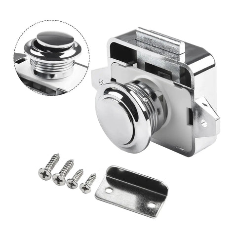 Push Button Latch Kit for RVs and Campers, 5 Pack Cabinet Locks and Door Catches, close-up on latch and installation screws