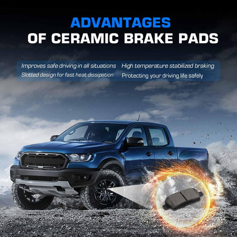 Close-up of front and rear ceramic brake pad set with hardware for Nissan Altima/Sentra/Juke/350Z/Infiniti G35