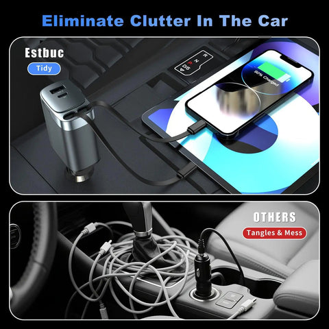 Retractable Car Charger 4 In 1 With USB C Fast Charge 84W shown in use, highlighting tidy cable management in vehicle interior.