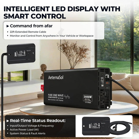 True 2000W Sine Wave Inverter DC 12V To AC 110 120V with LCD remote monitor in living room setup