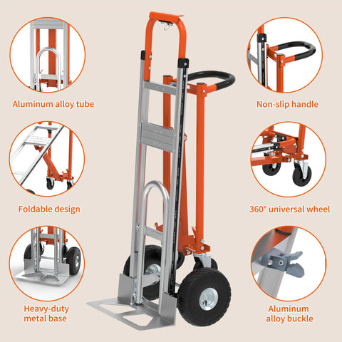 Heavy Duty Aluminum Three In One Convertible Hand Truck With Smooth Rolling Caster Wheels features foldable design and non-slip handle.