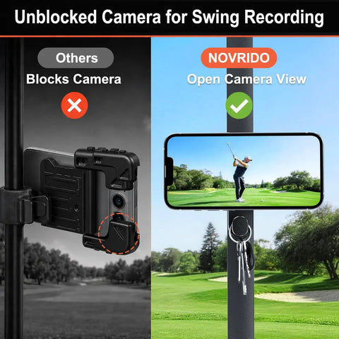 Heavy Duty Magnetic Golf Cart Phone Mount With Cup Hook Locks Your MagSafe iPhone Down Tight On Bumpy Fairways, showing open camera view for swing recording.