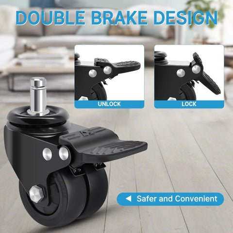 Close-up of Brake Office Chair Caster Wheels Set Of 5 2 Inch Heavy Duty Rubber Replacement 11mm Stem, showing lock mechanism.