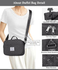 Travel Duffel Bag For Women With Weekender Style shown with adjustable strap, two-way zipper, precision stitching, and water resistance.