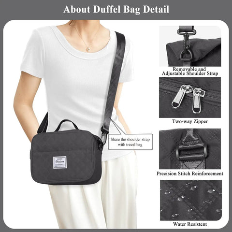 Travel Duffel Bag For Women With Weekender Style shown with adjustable strap, two-way zipper, precision stitching, and water resistance.
