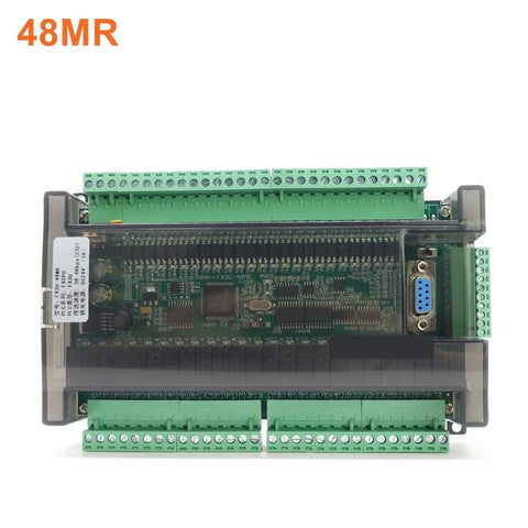 48 Channel IO Relay PLC Controller Module With 24V DC Power Built For Beefy Real World Industrial Job Sites High Speed Processor Rugged 2A Per Channel Relay Outputs For Smooth Automation And Flexible Control Applications. front view with green screw terminals and DIN rail mount