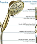 High Pressure 6 Setting Detachable Handheld Shower Head With Extra Long Flexible Hose Adjustable Metal Bracket Polished Brass Finish 2.5 GPM