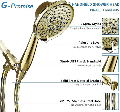 High Pressure 6 Setting Detachable Handheld Shower Head With Extra Long Flexible Hose Adjustable Metal Bracket Polished Brass Finish 2.5 GPM
