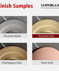 Finish samples showing brushed gold, brushed nickel, champagne gold, and rose gold for Wall Mount Bathroom Faucet In Brushed Gold With Single Handle And Brass Rough In Valve Solid Brass Construction CUPC Certified ASME A112 18 1 CSA B125 1 Compliant Sleek Modern Upgrade For Your Sink.