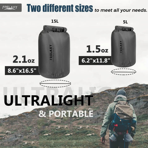 Waterproof Dry Bag Set 5L 15L Lightweight Durable Dry Sack with sizes shown and hiker in background, gray 2 pack.