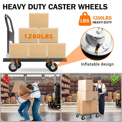 Heavy Duty Pneumatic Caster Wheels 8 Inch 4 Pack with boxes on a hand truck, 1200 lbs capacity, showing inflatable design.