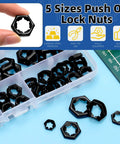 Must Have 105 Piece M6 M8 M10 M12 M14 Lock Nut Set With Internal Tooth Star Lock Nuts, open box showing nuts collection.