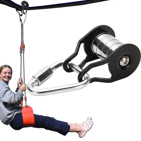 Slack Line Pulley System With Five Rollers Heavy Duty Zip Line Slider For Kids Outdoors Backyard Park Lawn 440 Lb Load Capacity Smooth Glide Easy Setup Weather Resistant Durable Steel Construction Great For Backyard Fun shown with a woman seated on a zip line