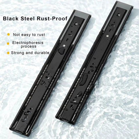 Heavy Duty Soft Close Ball Bearing Drawer Slides Full Extension Side Mount 35 Cm 13.8 Inch Pair in black steel finish, rust-proof design.