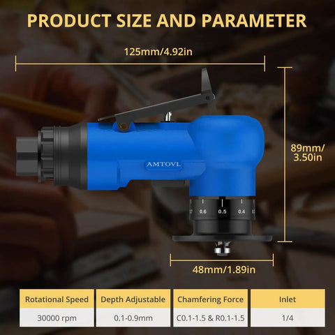Dual Blade Pneumatic Chamfering Tool For Metal And Wood With 30,000 RPM 45 Degree Chamfer 10 C Angle And 10 R Angle Blades