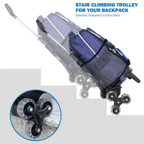 Stair climbing foldable backpack trolley with aluminum alloy frame six-wheel luggage cart demonstrating stair-traversing capability