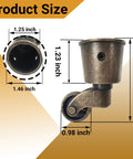 Four Pack Cup Style Swivel Casters For Furniture, Vintage Round Cup Wheels 2.6 Inch Diameter By 1.5 Inch Wide, size diagram