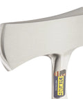Close-up of forged steel blade on Sportsmans Axe 14 Inch USA Made Camping Hatchet With Forged Steel Blade And Genuine Leather Grip.