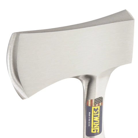 Close-up of forged steel blade on Sportsmans Axe 14 Inch USA Made Camping Hatchet With Forged Steel Blade And Genuine Leather Grip.