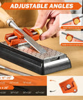 Adjustable Chisel Sharpening Jig And Honing Guide Tool For Woodworkers Dead Nuts Edge Precision Off Center Holder For Planer Blades And Hand Tools Straight Shooting Angle Setup with adjustable angles and diamond sharpening stone.