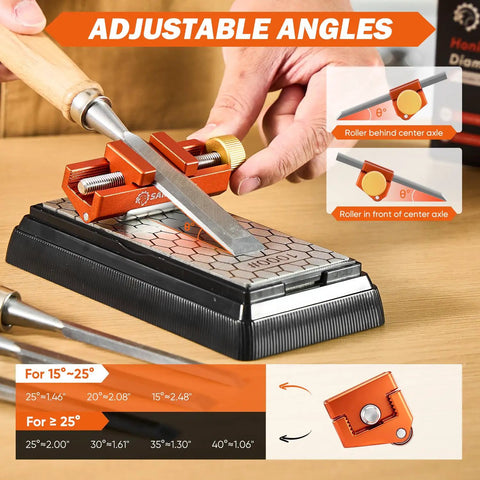 Adjustable Chisel Sharpening Jig And Honing Guide Tool For Woodworkers Dead Nuts Edge Precision Off Center Holder For Planer Blades And Hand Tools Straight Shooting Angle Setup with adjustable angles and diamond sharpening stone.