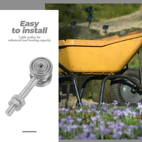 Heavy Duty Double Bearing Sliding Door Rollers With Rugged Steel Pulleys For Smooth Barn Track Glides Silver Finish, installed on cable trolley.