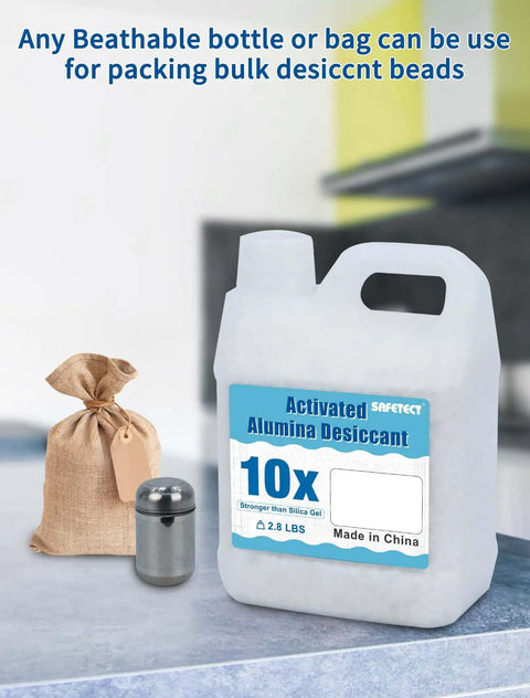 Activated Alumina Desiccant Beads container with label, burlap bag, and metal jar on table