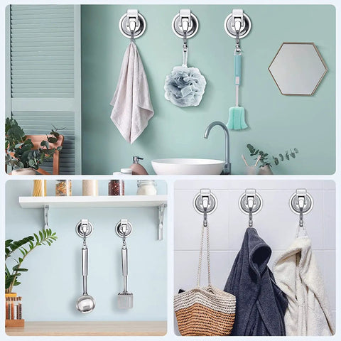 No Drill Wreath Cup Hook With Super Suction Hanger For Kitchen Bath And Restroom Black Plated Polished Finish 4 Pack Damage Free Mount Holds Up To 11 Pounds Easy Install Long Lasting Hold with towels and accessories on smooth surfaces