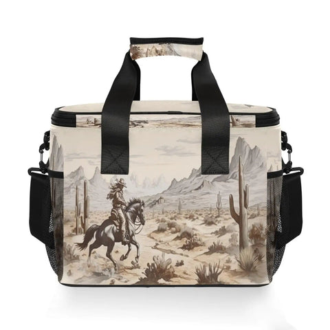 Desert Cowboy Insulated Lunch Bag with Shoulder Strap featuring cowboy design, 15L capacity, tear resistant polyester, cooler tote.