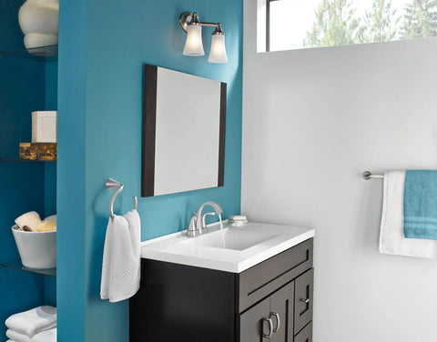 Eva 2 Light Dual Mount Bath Vanity Fixture With Frosted Glass In Brushed Nickel Finish in a modern bathroom setting