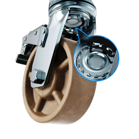 Heavy Duty Industrial Caster Wheels With Brakes, Swivel Castors With Brake, close-up on wheel and double ball bearings