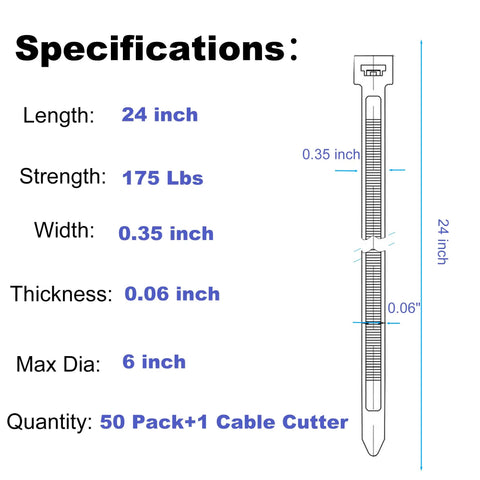 Specifications of 24 Inch Heavy Duty Cable Zip Ties Set With Wire Cutter Black Nylon Ties 175 Lb 50 Pack Diagram
