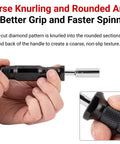 Hands using Quarter Inch Drive Five Inch Aluminum Spinner Handle With Steel Extension For Extra Leverage Built Tough Durable Drive.